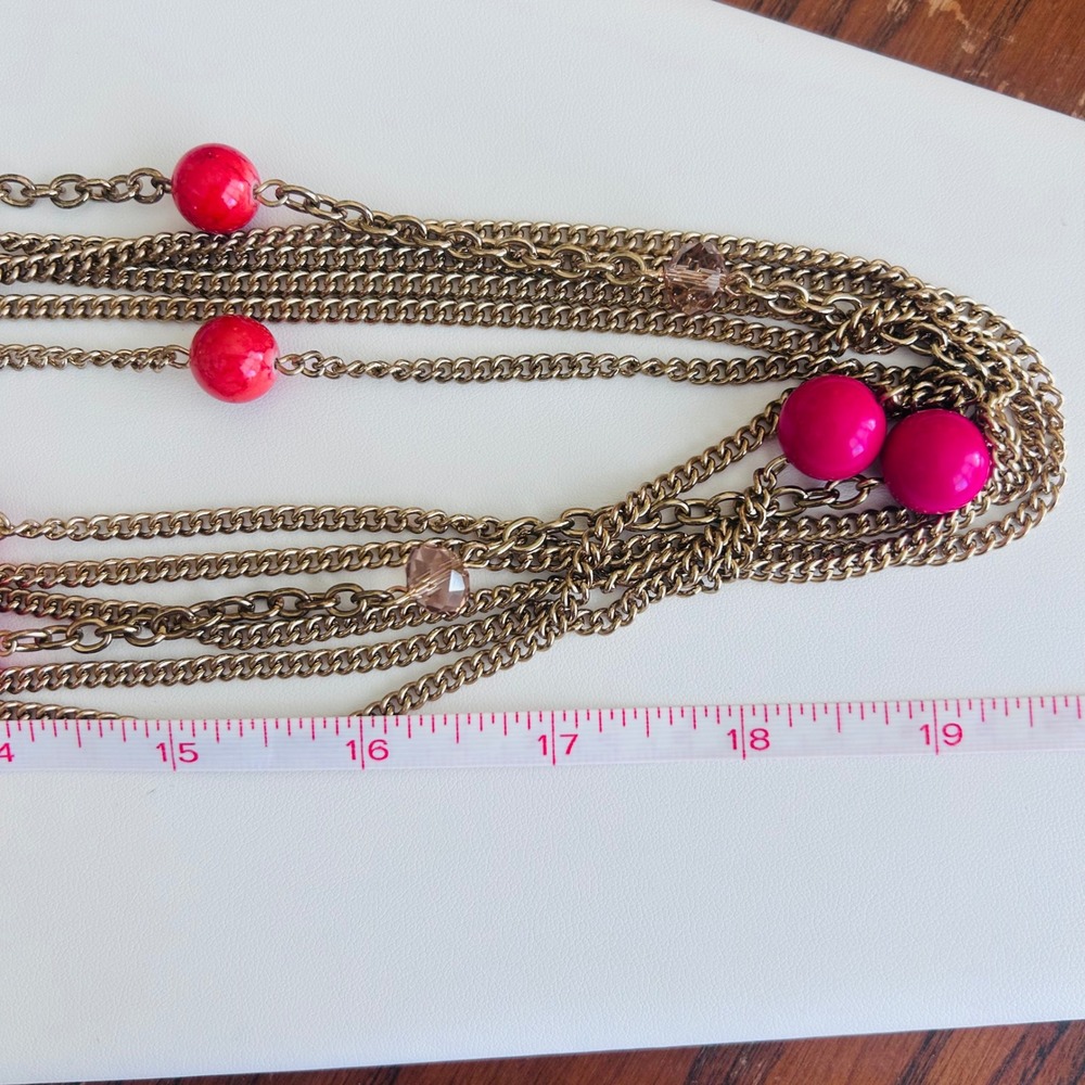 Fabulous Jules Multi Strand Layered Gold Tone Necklace Pink Coral Beads Boho NEW - Picture 6 of 6